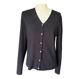 Real Clothes Saks Fifth Avenue Black Knit Cardigan Sweater Ribbed Stripe Large